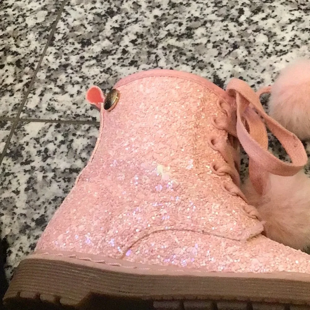 Glittery Pink Kids Boots with Pom Poms